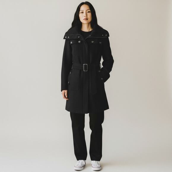 Zara Basic Coat Womens M Black Wool Blend Gorpcore Belted Utility Outdoor Winter - Picture 5 of 8